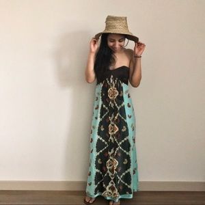 Summer Blue and Brown Strapless Maxi Dress